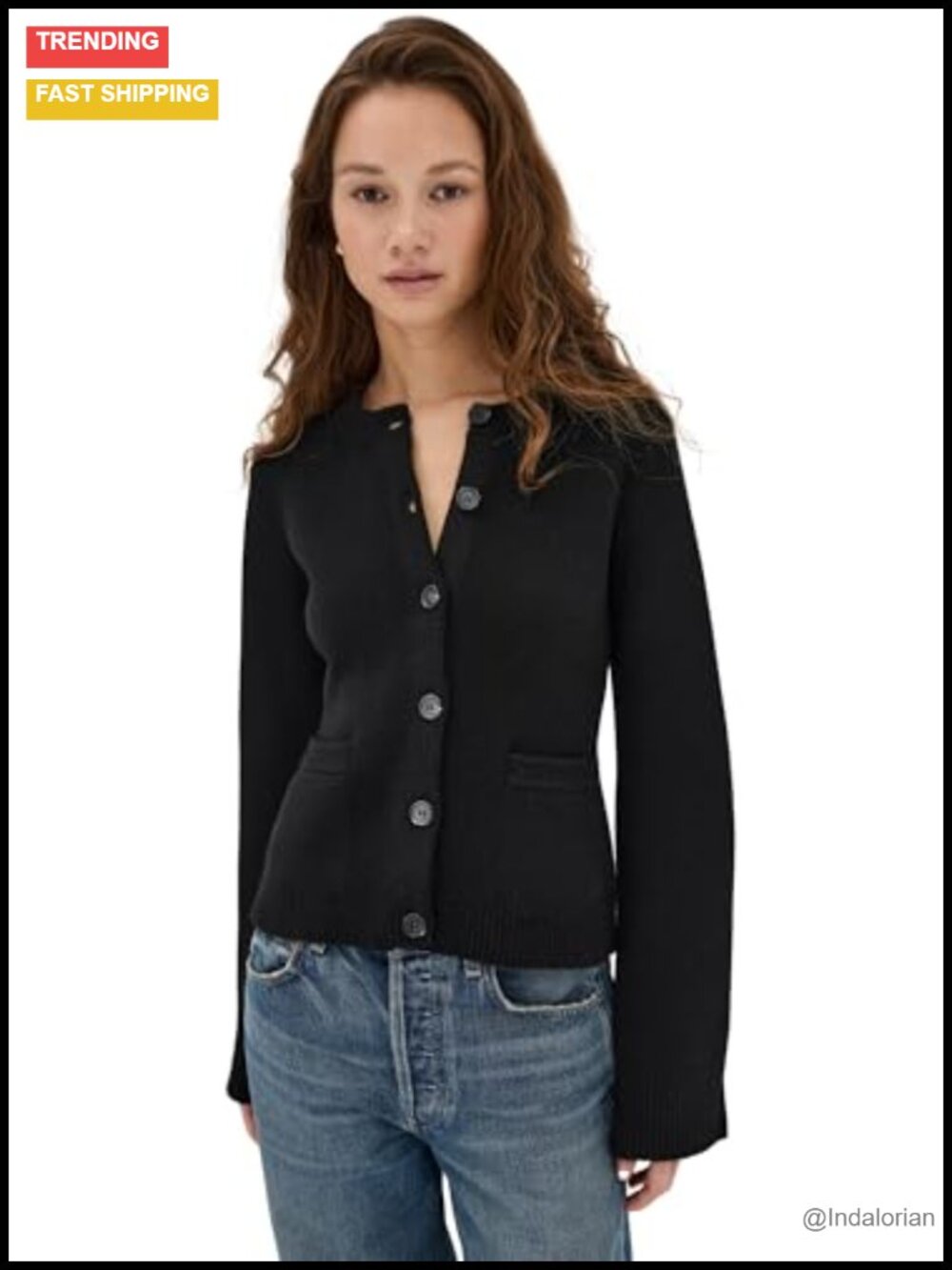 Wool Cashmere Blend Cardigan with Bell Sleeves - Fitted Long Sleeve
